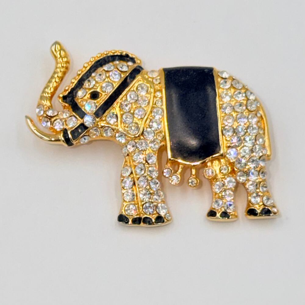 Vintage Gold Plated Enameled Rhinestone Elephant Pin Brooch
